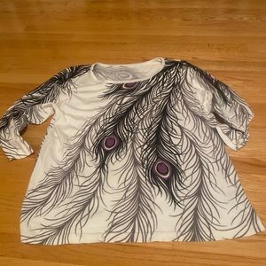 Peacock print light sweater. Not sure of brand.